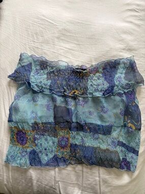 Light Blue & Navy Floral Smocked off the shoulder top